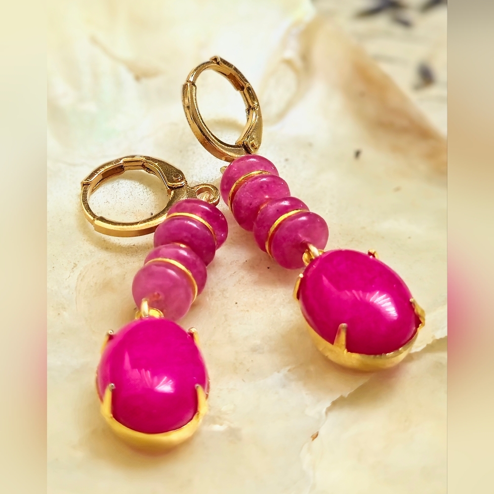 Fuchsia Hot Pink Jade In Drop Down 18K Gold Plated Earrings - Picture 6 of 7